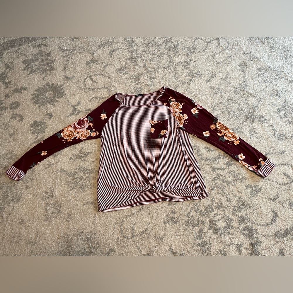 Pink Clover-Floral Sleeve Striped Top